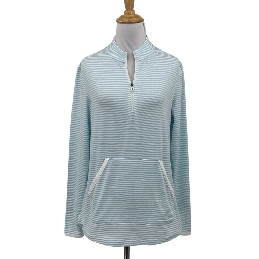 FootJoy Golf Shirt Womens S White Blue Tonal Stripe Half Zip Kangaroo Pockets